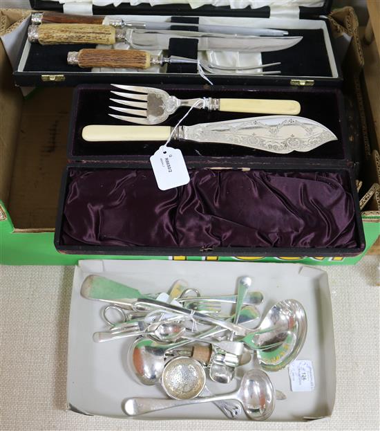 A set of six silver-handled butter knives, sundry plated cased and loose flatware and two (locked) canteens